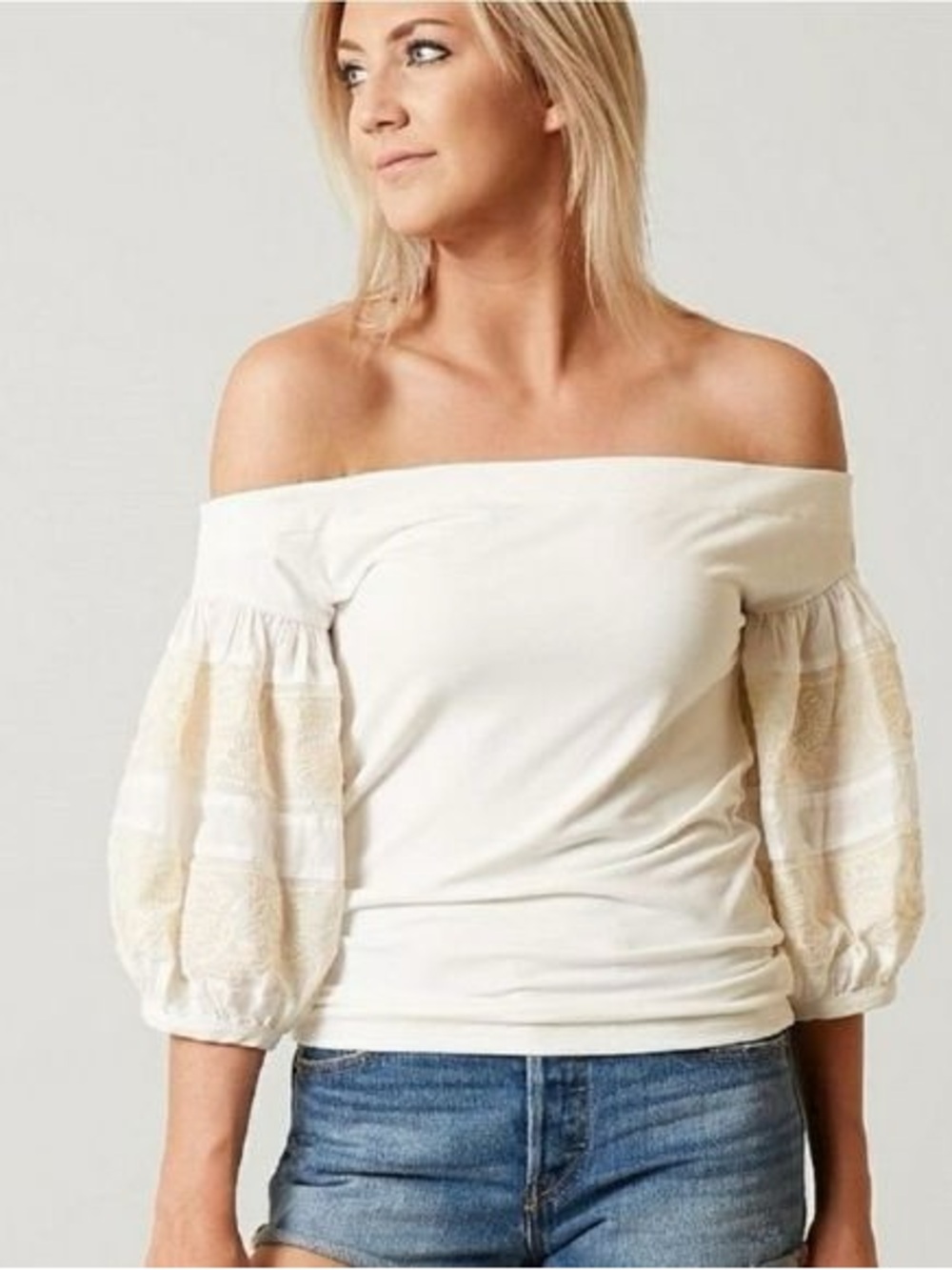 White Off-Shoulder Top with Embroidered Puff Sleeves